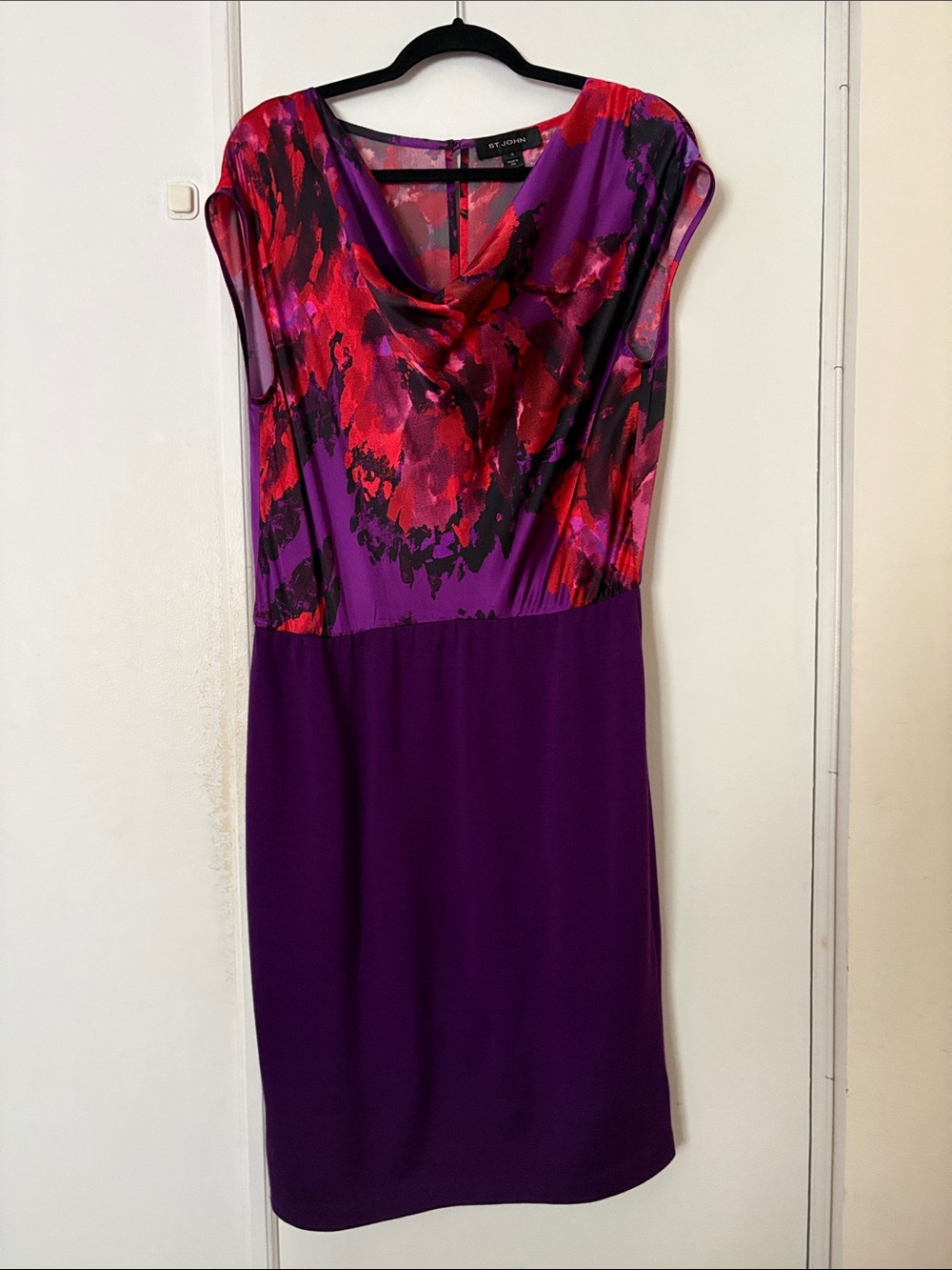 St. John Purple Dress with Red Floral Silk Bodice